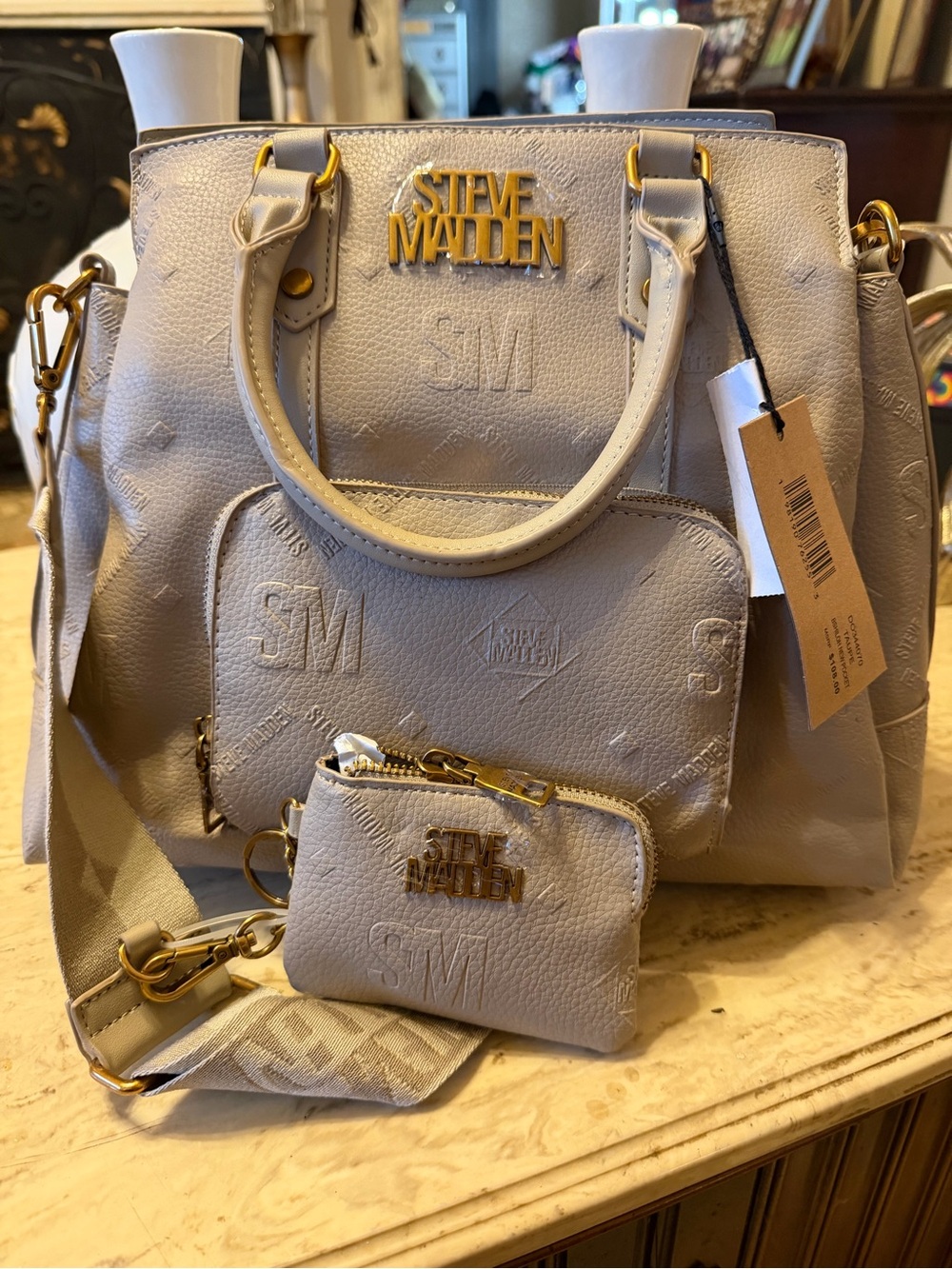 Steve Madden Cream Logo Embossed Satchel with Pouch